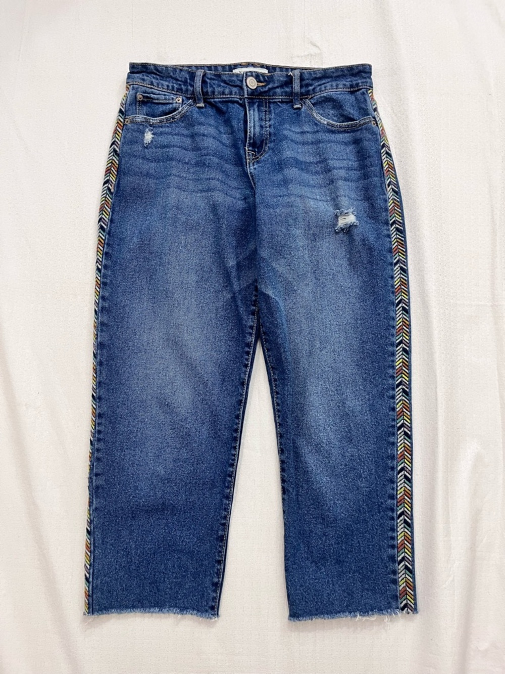 Knox Rose Straight-Leg Jeans with Multicolor Chevron Trim size 4